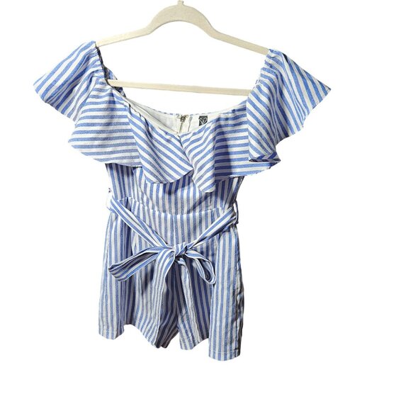 Blue & White Striped Off-Shoulder Dress With Ruffle Detail & Belt  Windsor - Picture 1 of 6